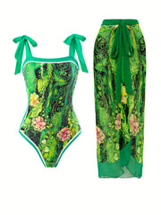 Plant Two-Piece Swimsuit with Cover Up Skirt