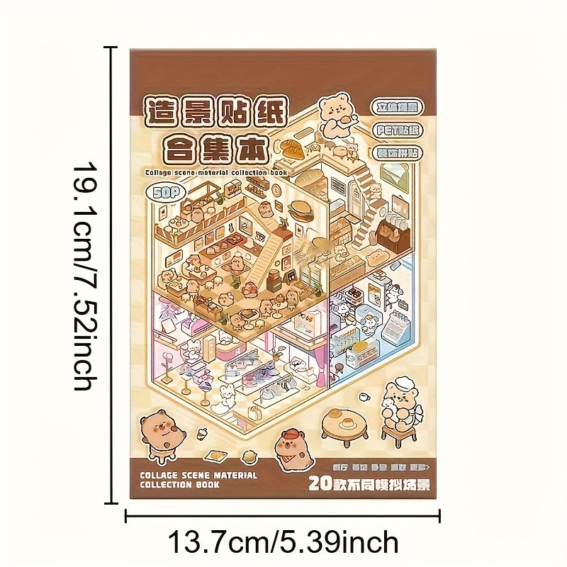 50 Page Capybara Sticker Collection 3D House & Animal Non Toxic DIY Scenes