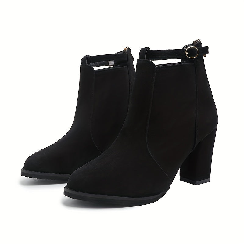 Women's Ankle Buckle Strap Boots Chunky Heel Pointed Toe Mid Heel Shoes