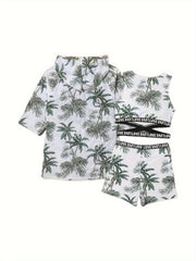 Girls Coconut Tree Graphic Swimwear Set for Summer Beachwear