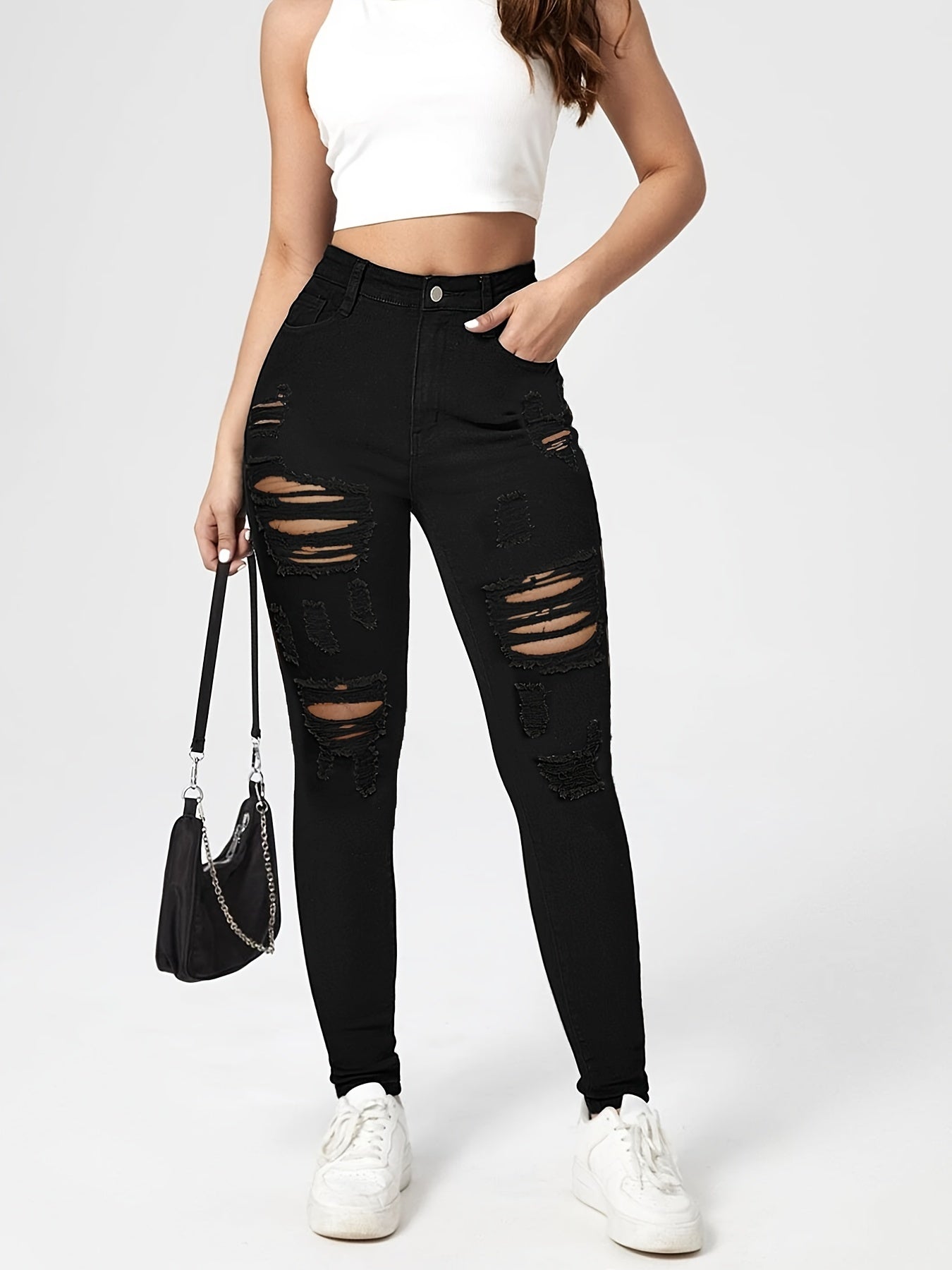 Slim Fit High Rise Distressed Skinny Jeans Slash Pockets