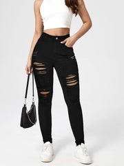 Slim Fit High Rise Distressed Skinny Jeans Slash Pockets