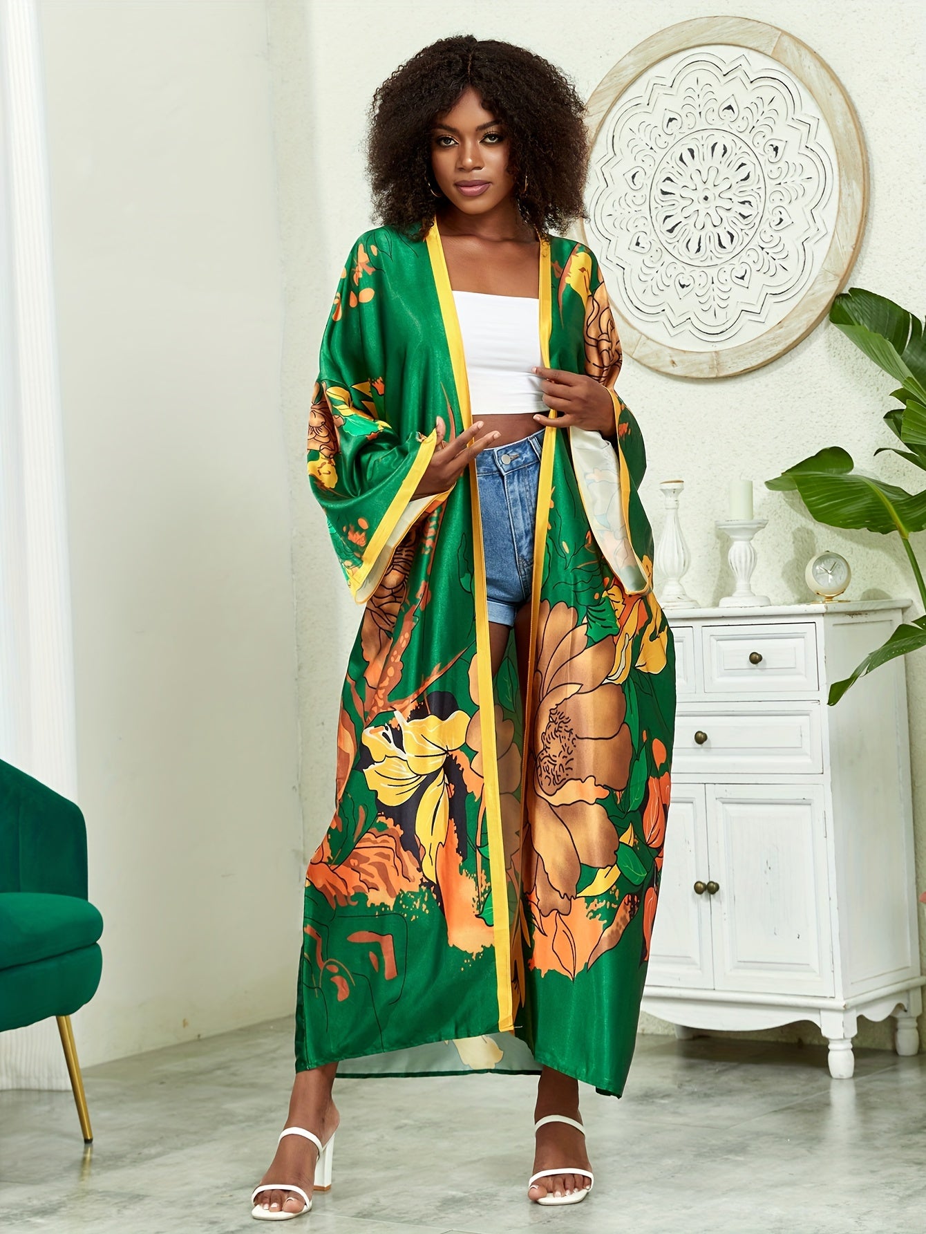 Women's Plus Size Floral Print Kimono Cover Up