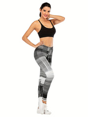 Block Striped Print Leggings Sexy High Waist Slim Long Length Leggings