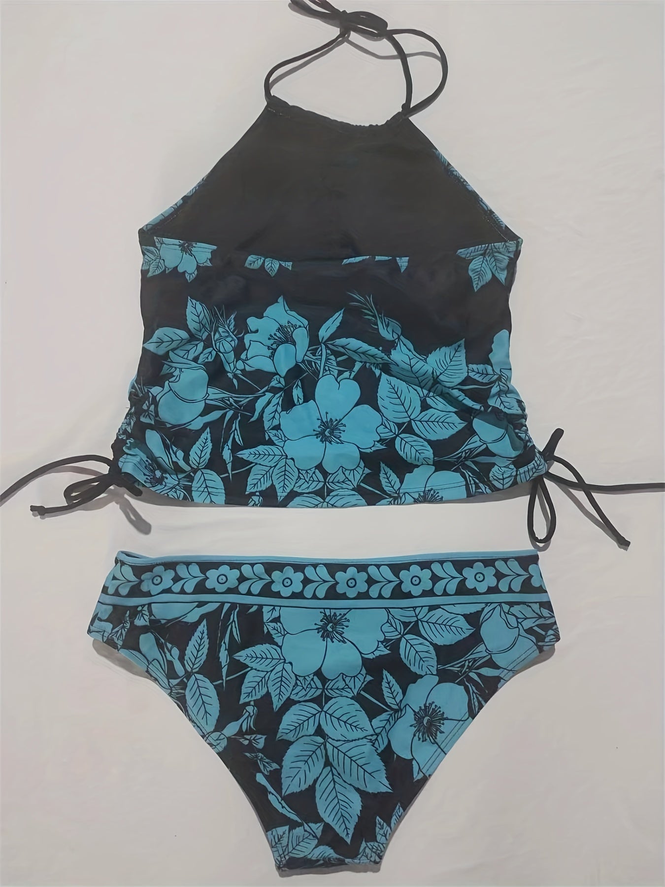 Floral Lace Up Halter Tankini Set Plus Size