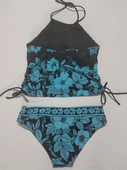 Floral Lace Up Halter Tankini Set Plus Size