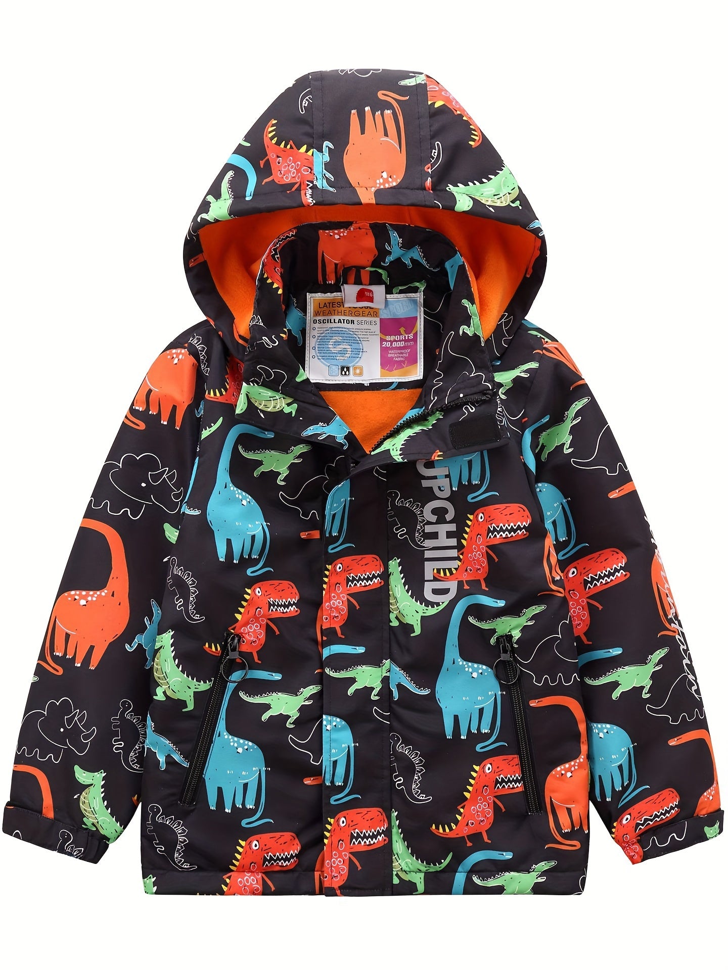 Dino Graphic Print Boy's Hooded Coat Waterproof Windbreaker