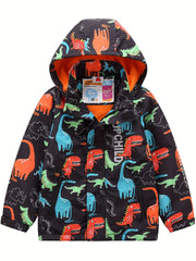 Dino Graphic Print Boy's Hooded Coat Waterproof Windbreaker