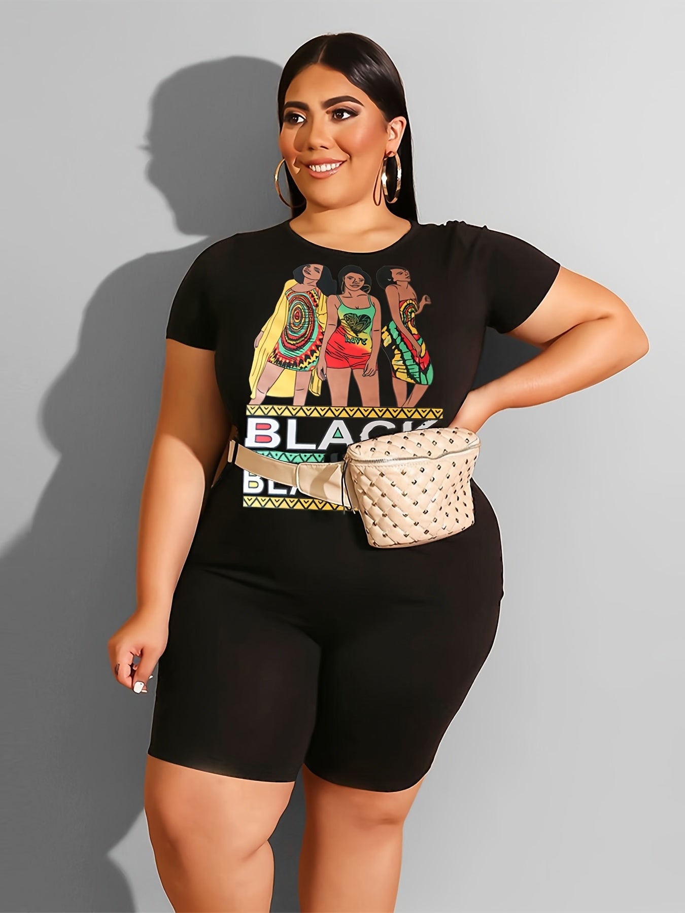 Cartoon Print Tee & Shorts Set: Plus Size 2pcs Outfit