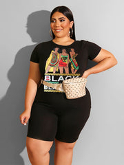 Cartoon Print Tee & Shorts Set: Plus Size 2pcs Outfit