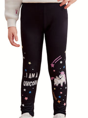 Girls Unicorn & Stars Footless Leggings, Stretchy Slim Fit Legging Pants