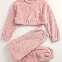 Fuzzy Fleece Pajamas Set Crew Neck Crop Top & Joggers
