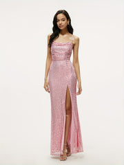 Glitter Sequined Split Cami Bridesmaid Dress Backless Dress For Wedding Party