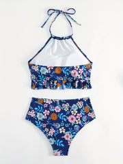 Floral Print Ruffle Trim Halter 2 Piece Set Tankini
