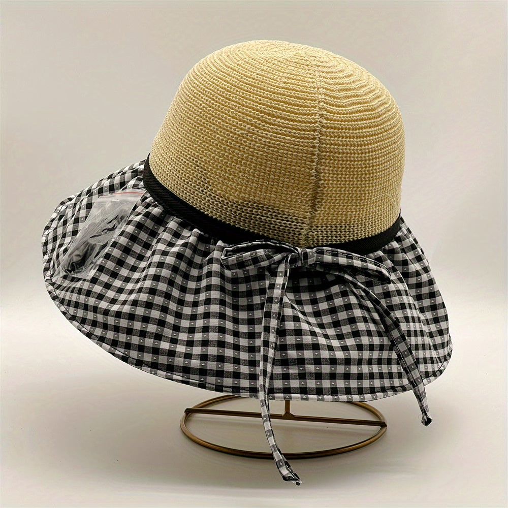 Plaid Pattern Stitching Sun Hat Casual Foldable Breathable Bucket Hats