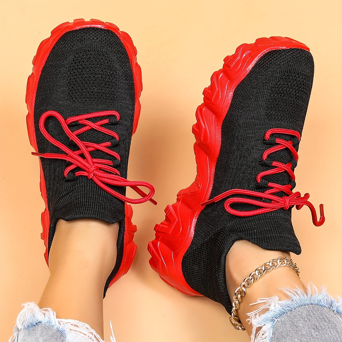 Thick Sole Running Shoes Mesh Breathable Lace Up Sneakers