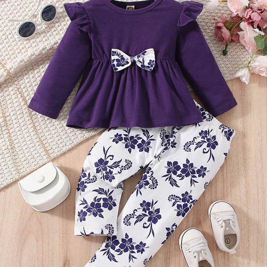 2pcs Baby Girls Ruffles T Shirt & Floral Print Pants Set