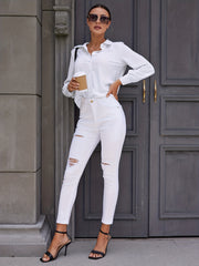 Ripped Holes Skinny Jeans Slim Fit Mid Stretch Ankle Length Jeans