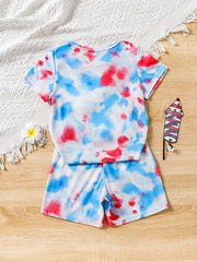 2pcs Toddler Girls Gesture Flowers Tie Dye T Shirts & Track Shorts Set