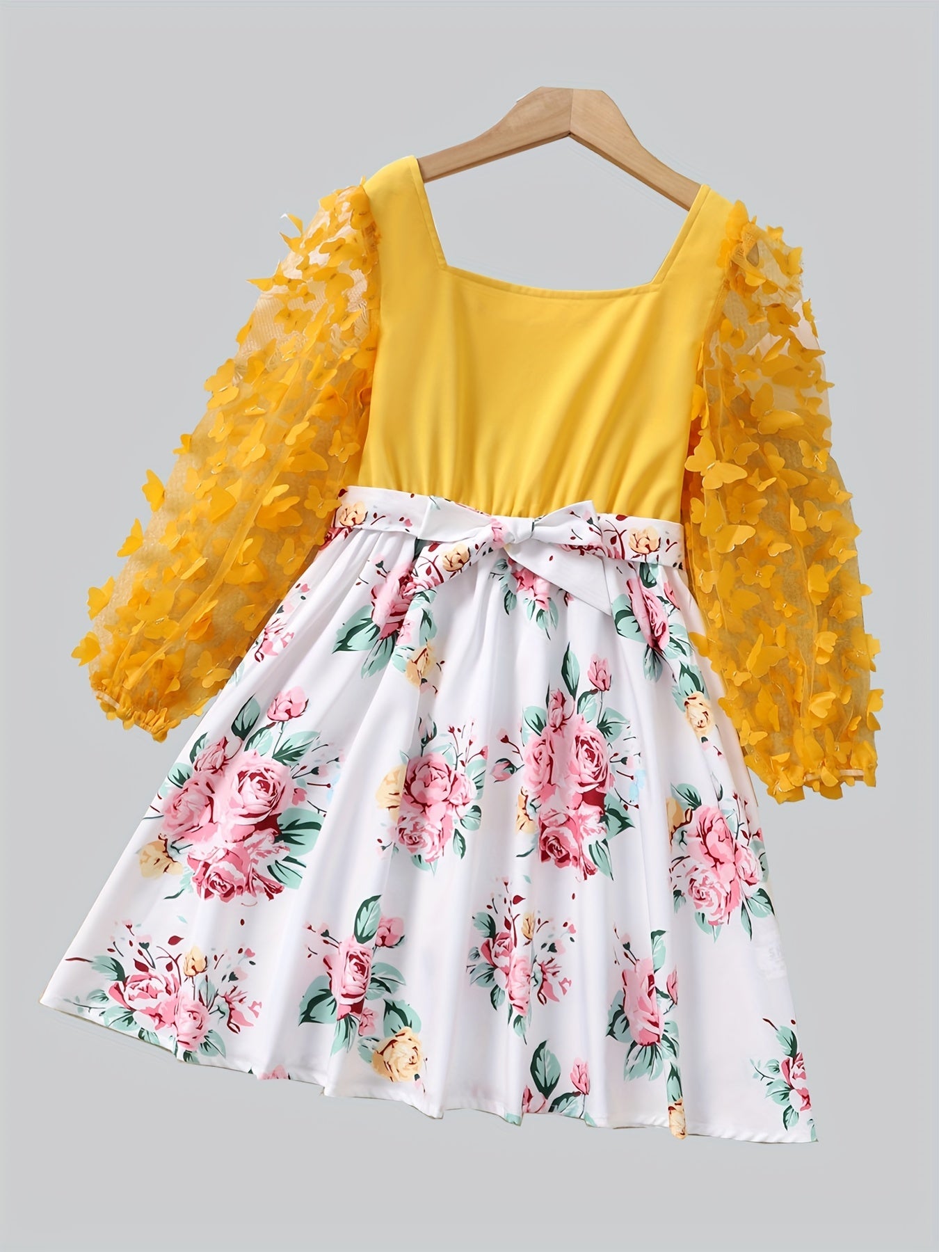 Girls Butterfly Lace Sleeve Floral Princess Dress For Party Vacation