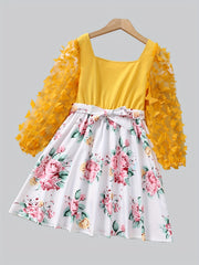 Girls Butterfly Lace Sleeve Floral Princess Dress For Party Vacation