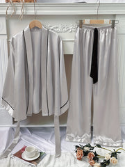 Satin Pajama Set with Long Sleeve Robe & Lace Up Pants