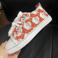 Women's Santa Claus Print Canvas Shoes Lace Up Low Top Sneakers