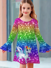 Sequin Print Unicorn Graphic Long Sleeve Dress Girls Dreamy Dresses