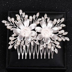 Bridal Rhinestone Hair Comb Clip with Faux Pearl Leaf