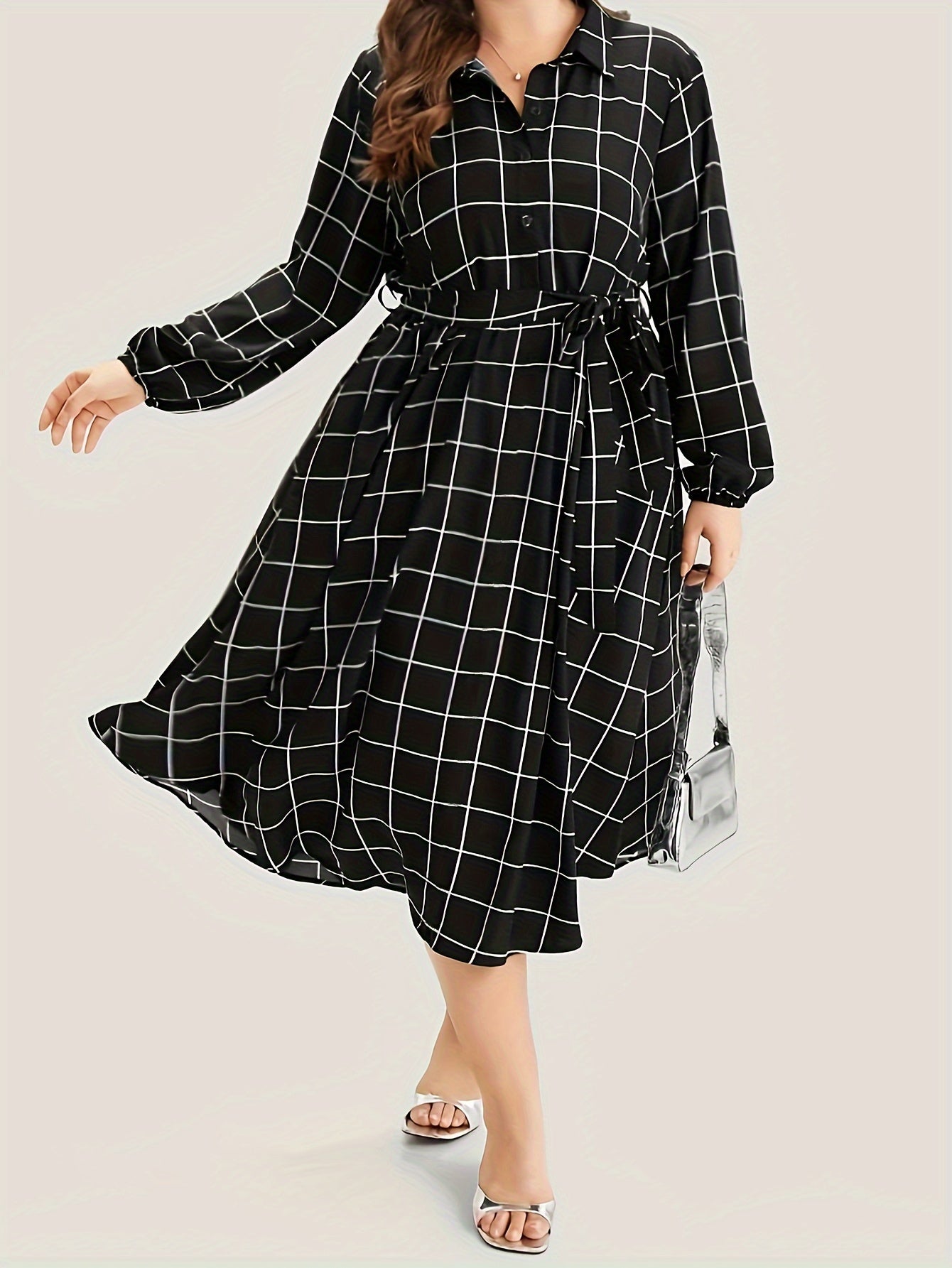 Grid Print Button Up Shirt Dress With Belt