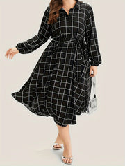 Grid Print Button Up Shirt Dress With Belt
