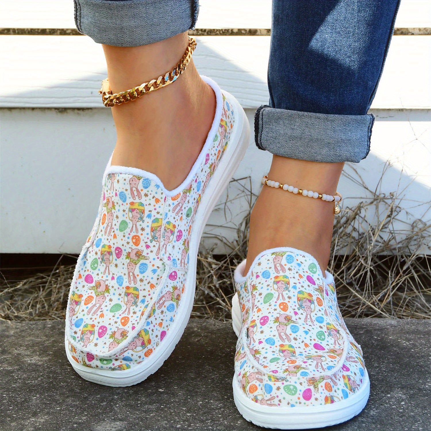 Women's Rabbit & Egg Pattern Mules Sneakers Slip-on Casual Slippers