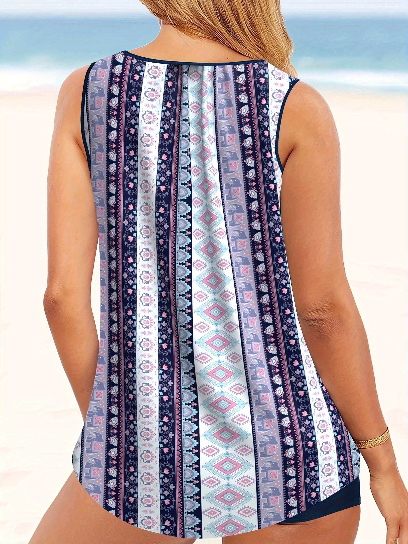 Modest Tankini Set Women's Plus Geo & Striped Pattern Ring Linked Tank