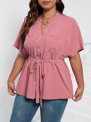 Solid Short Sleeve Blouse with Belted Top