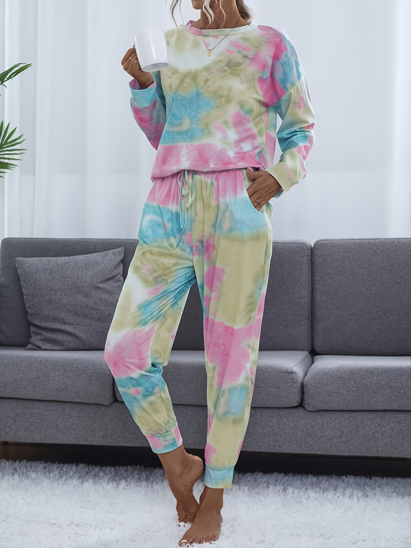 Tie Dye Print Lounge Set Long Sleeve Crew Neck Top & Elastic Waistband Pants