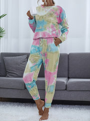 Tie Dye Print Lounge Set Long Sleeve Crew Neck Top & Elastic Waistband Pants