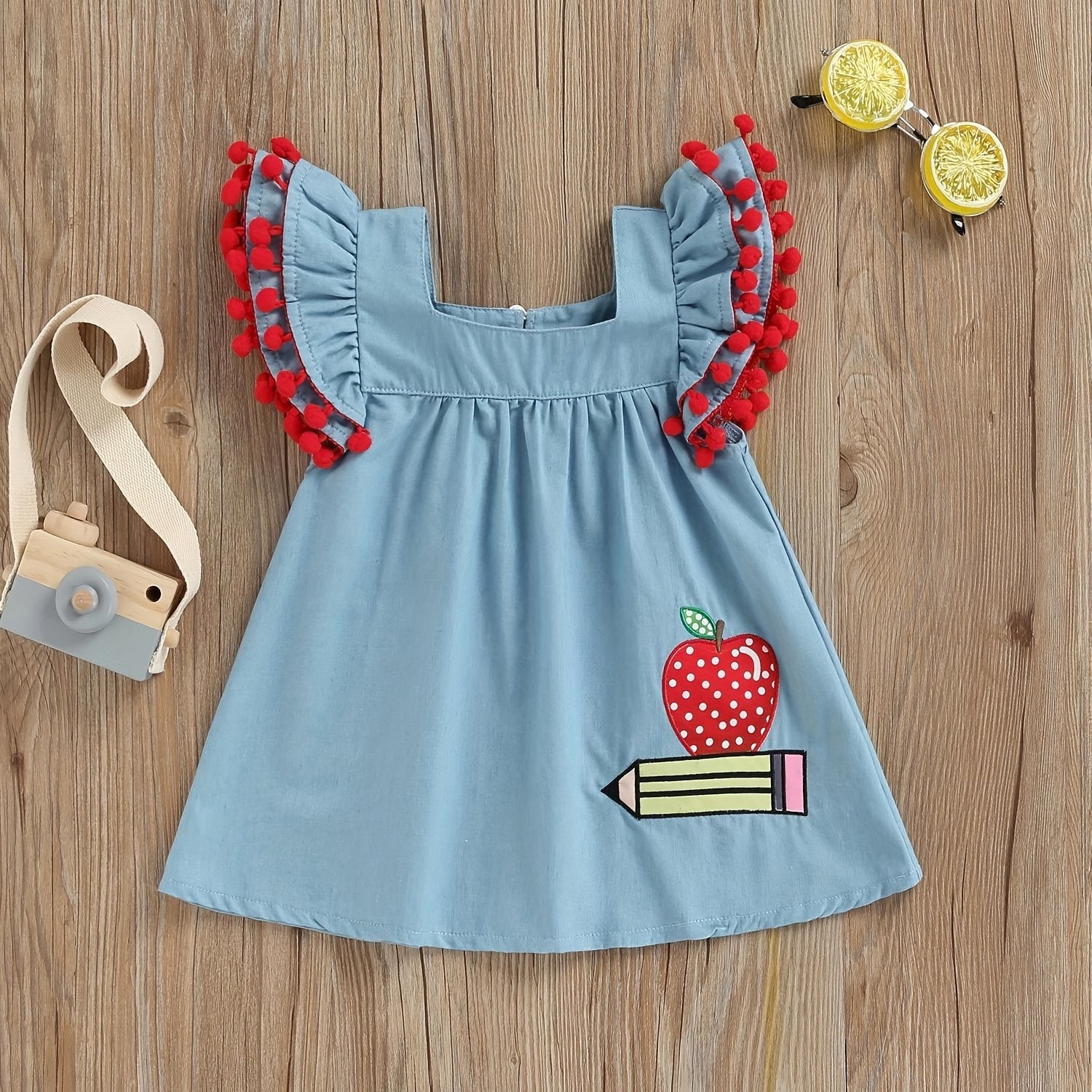 Baby Girls Cartoon Denim Dress with Pompom Trim