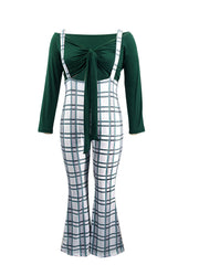 Long Sleeve Crop Top & Plaid Wide Leg Jumpsuit Set