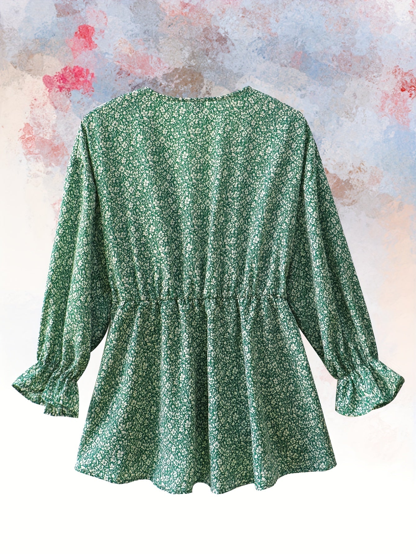 Ditsy Print Lantern Sleeve Peplum Top