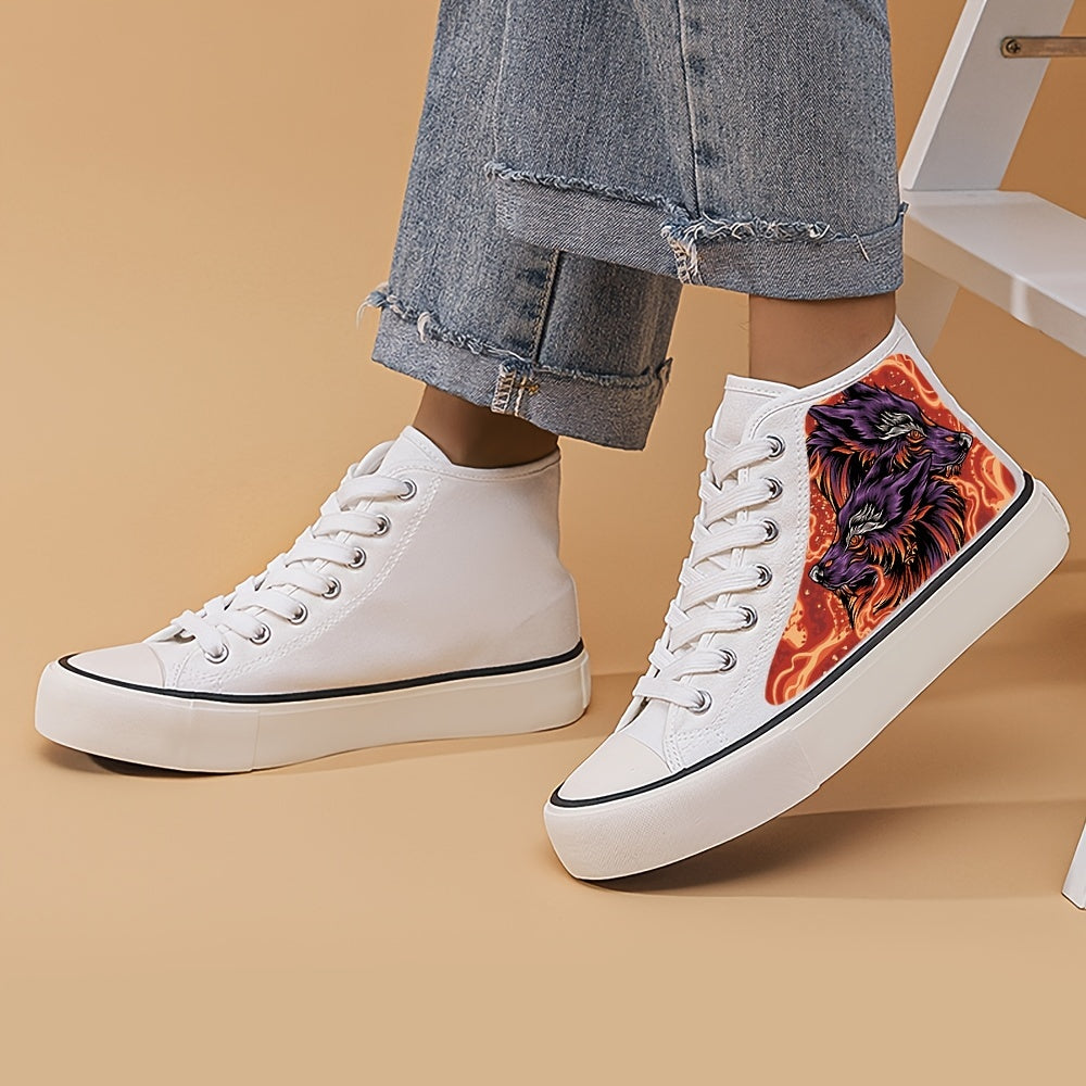 Wolf Print Chunky Canvas Sneakers High Top Skate Shoes
