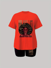 Plus Size Casual Two Piece Set: Figure & Letter Print Tee & Shorts