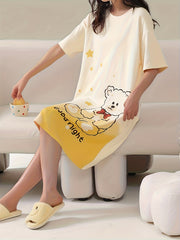 Bear Print Nightdress Crew Neck Short Sleeve Sleep Dress Women's Sleepwear