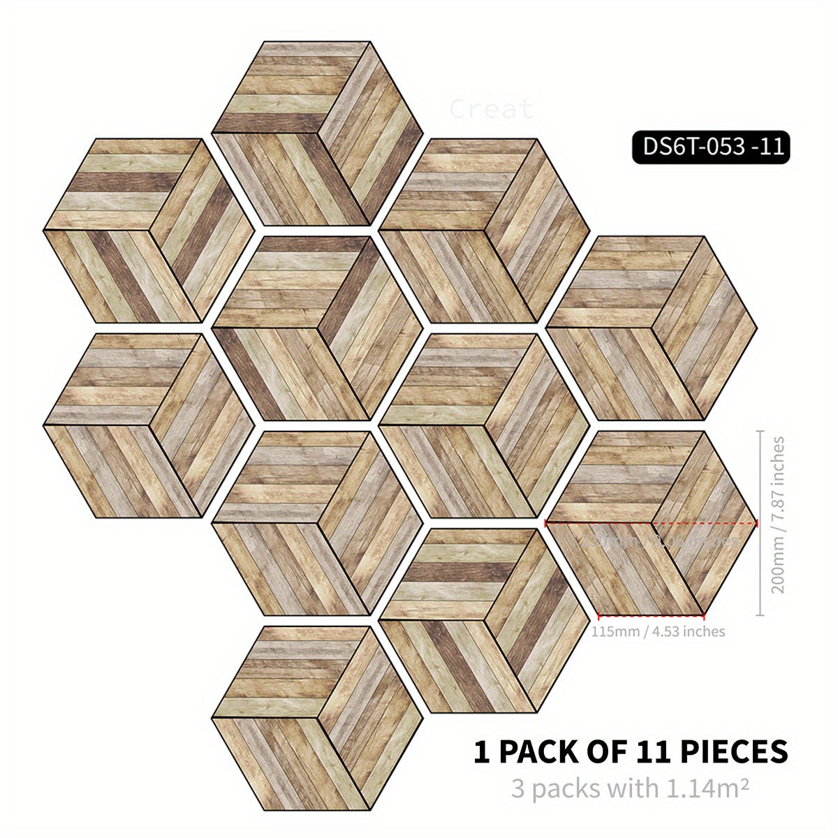 11pcs Wood Grain Hexagonal Floor Stickers Waterproof Anti-slip Home Decoration