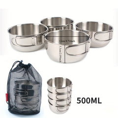 Stainless Steel Bowl Set 4pcs 500 650ml Folding Handle Camping