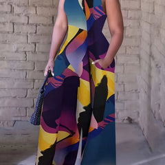Casual Cami Jumpsuit Random Print V Neck Wide Leg With Pockets