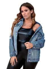 Casual Denim Top Women's Plus Washed Long Sleeve Button Up Jacket