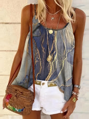 Marble Print Spaghetti Cami Top Ruched Scoop Neck Summer Top