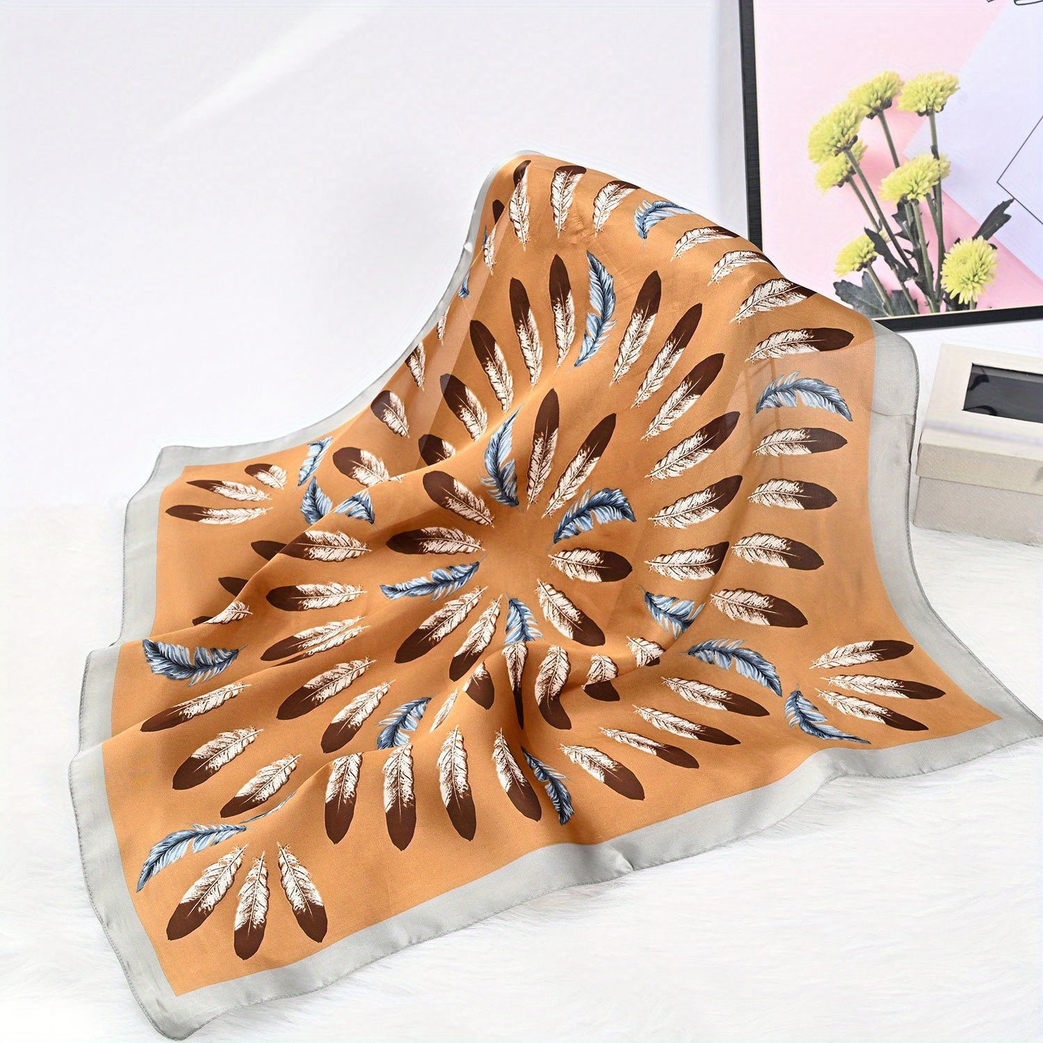Vintage Feather Print Bandana Shawl Satin Scarf Neckerchief