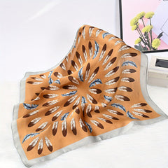 Vintage Feather Print Bandana Shawl Satin Scarf Neckerchief