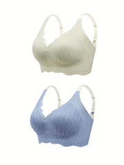 2pcs Lace Wireless Bras Soft & Comfy Scallop Trim Anti sagging Bra